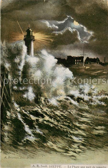 Dieppe 76 Le Phare une nuit de tempete