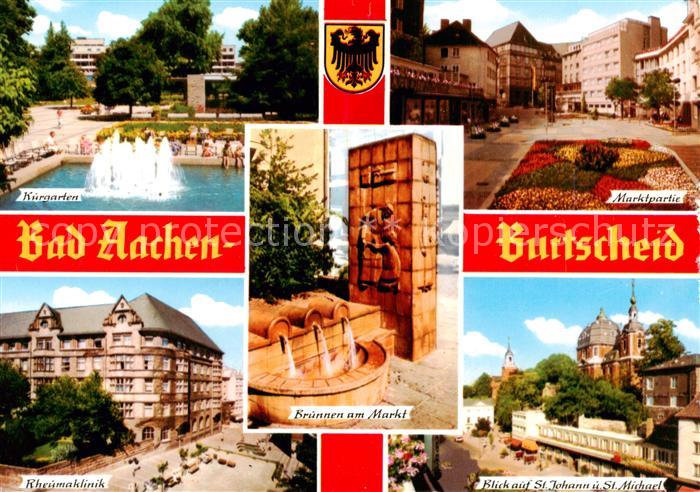 Burtscheid Aachen Kurgarten Brunnen Marktpartie Rheumaklinik Blick auf St Johann