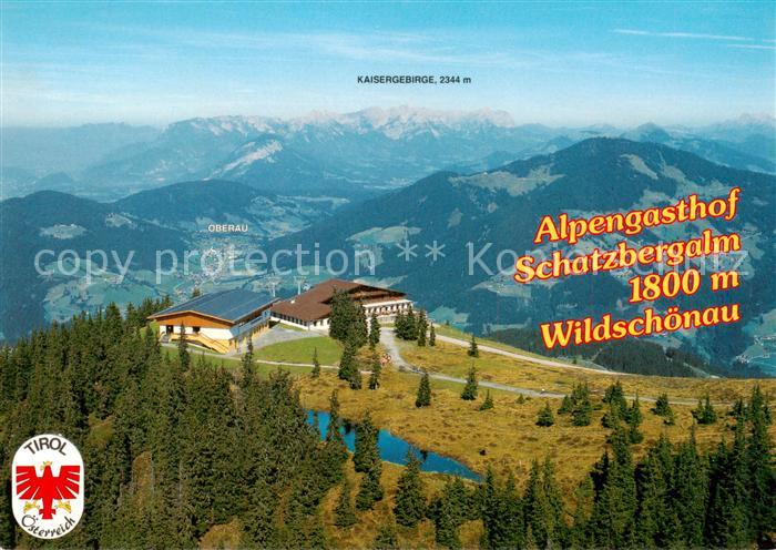 Thierbach Wildschoenau Alpengasthof Schatzbergalm mit Kaisergebirge Fliegeraufna