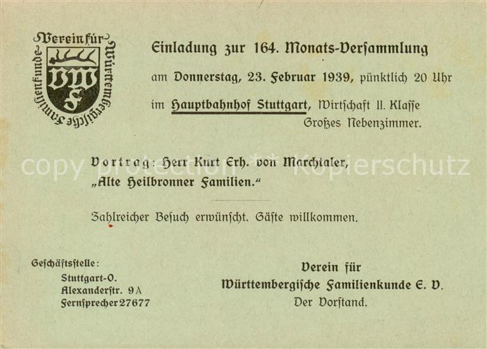 STUTTGART  CITY Verein fuer Wuerttembergische Familienkunde Einladung