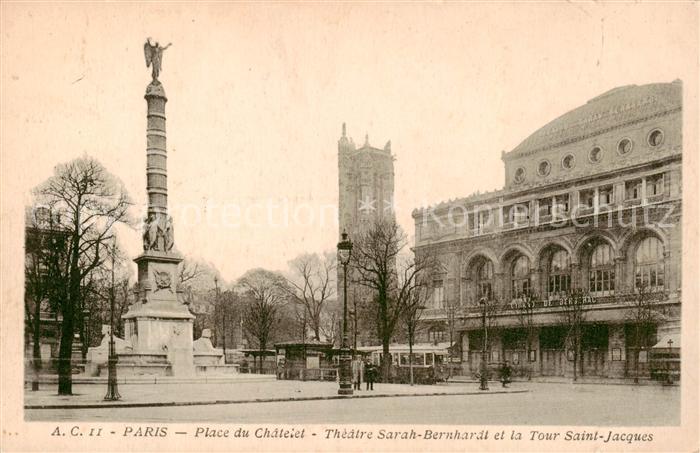 Paris 75 Place du Chatelet Theatre Sarah Bernhardt et la Tour Saint Jacques
