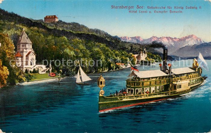 Starnbergersee Votivkirche fuer Koenig Ludwig II Hotel Leoni und Dampfer Bavaria