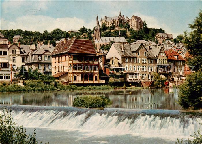 Marburg Lahn Lahnwehr Blick zur Altstadt mit Schloss