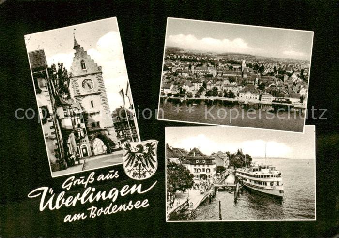ueberlingen Bodensee Altstadt Stadttor Hafen Faehre Fliegeraufnahme Kupfertiefdr