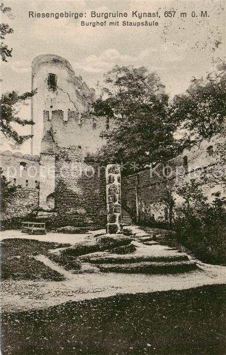 Sobieszow Burgruine Kynast im Riesengebirge Burghof mit Staupsaeule