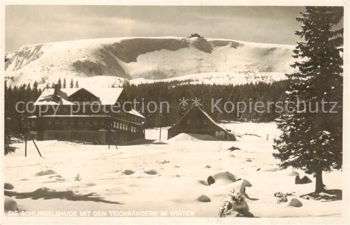 Krummhuebel Karpacz Riesengebirge PL Schlingelbaude mit den Teichraendern im Win