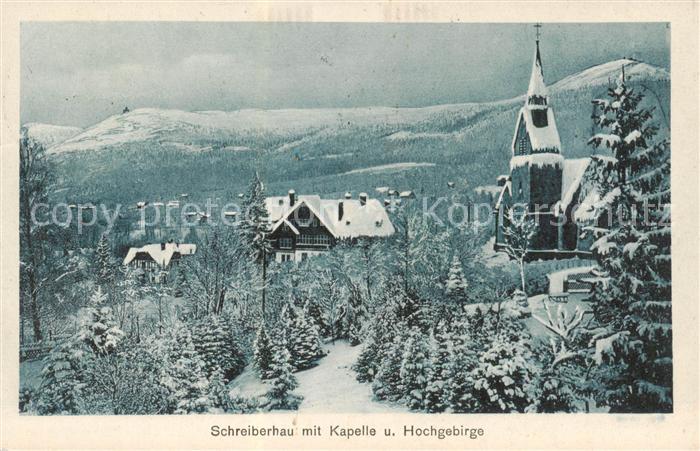 Schreiberhau Szklarska Poreba Riesengebirge PL mit Kapelle und Hochgebirge