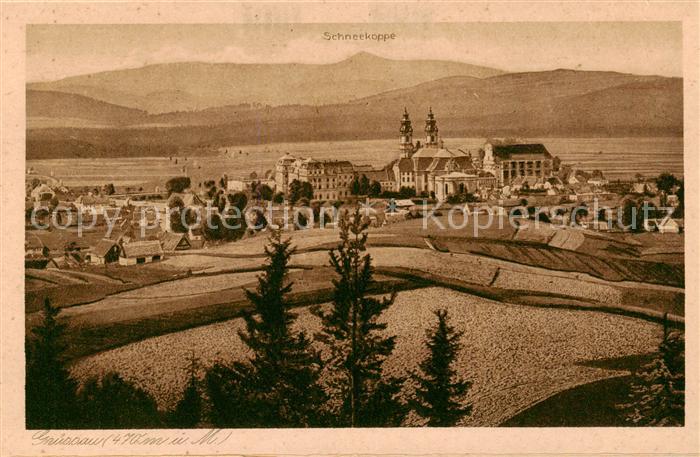 Gruessau Krzeszow PL Panorama mit Schneekoppe