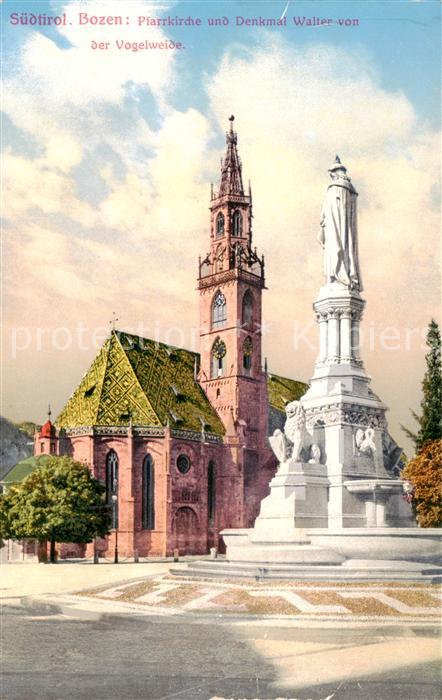 Bozen Bolzano Suedtirol IT Pfarrkirche und Denkmal Walter von der Vogelweide
