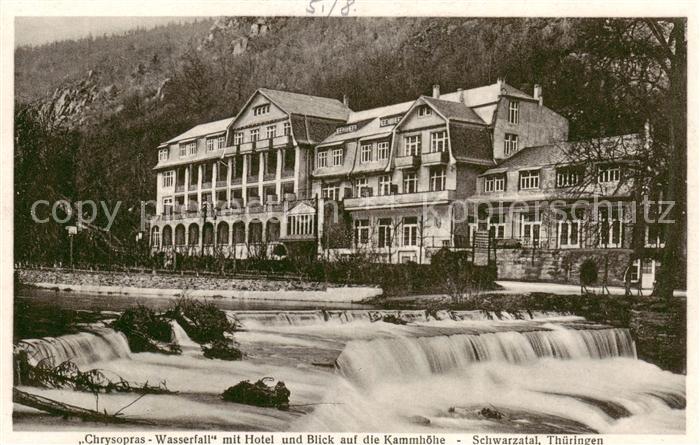 Bad Blankenburg Chrysopras Wasserfall mit Hotel und Blick auf die Kammhoehe Schw