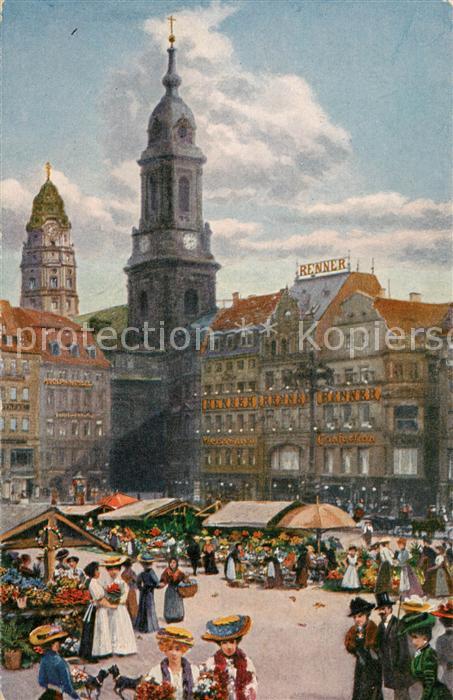 Dresden Elbe Altmarkt mit Blumenmarkt Kreuzkirche und Rathausturm Kuenstlerkarte