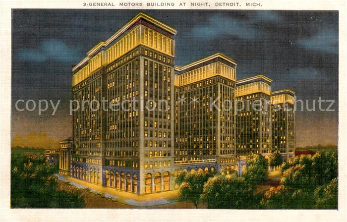 Detroit Michigan General Motors Building at night Litho