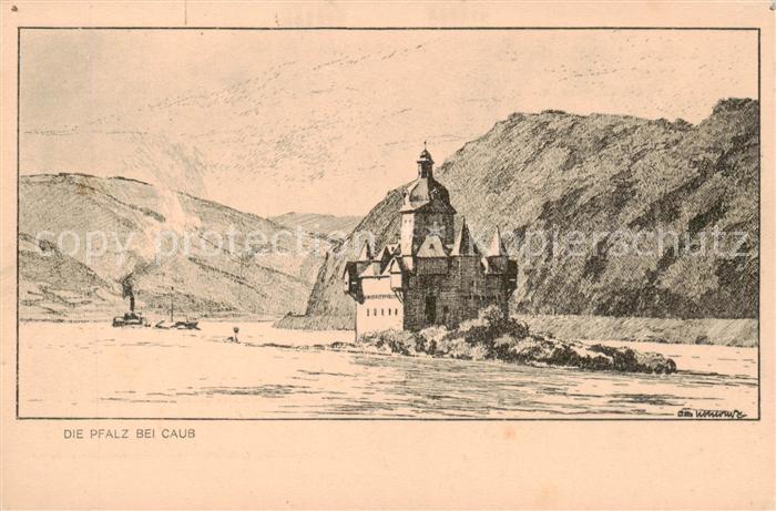 Caub Kaub Rhein Die Pfalz Federzeichnung