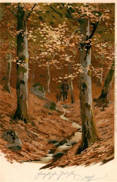 Jagd Chasse Hunting Litho Wald Jaeger