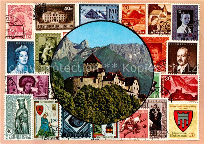 Briefmarken auf Postkarte Schloss Vaduz Malbun Alpen Hotel