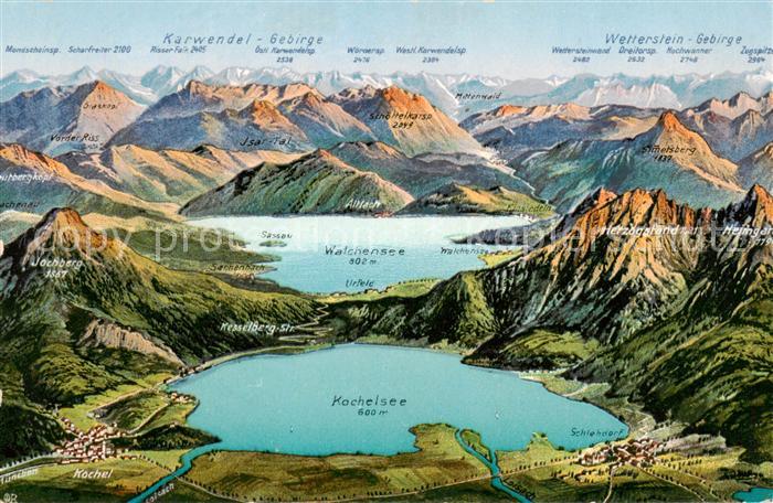 Walchensee Kochel und Walchenseegebiet Panoramakarte