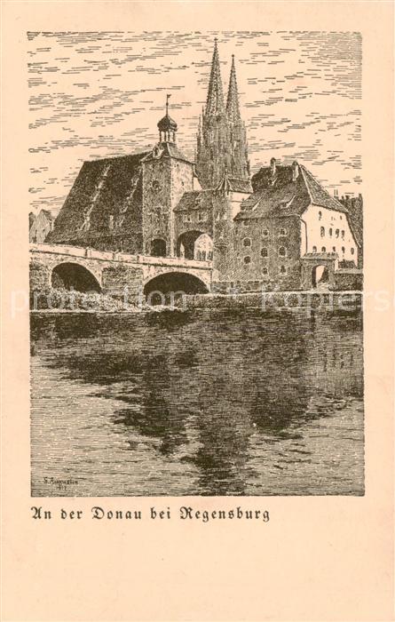 REGENSBURG Bayern Donaupartie Zeichnung