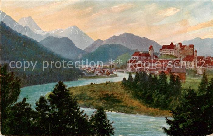 Fuessen Allgaeu Panorama Blick ueber den Lech Allgaeuer Alpen Kuenstlerkarte