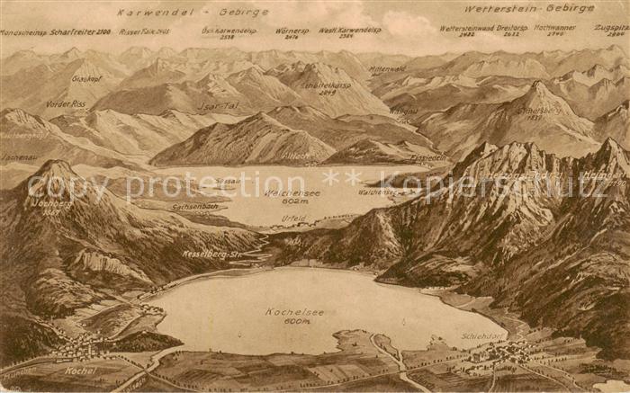 Walchensee Panoramakarte mit Kochel und Walchensee