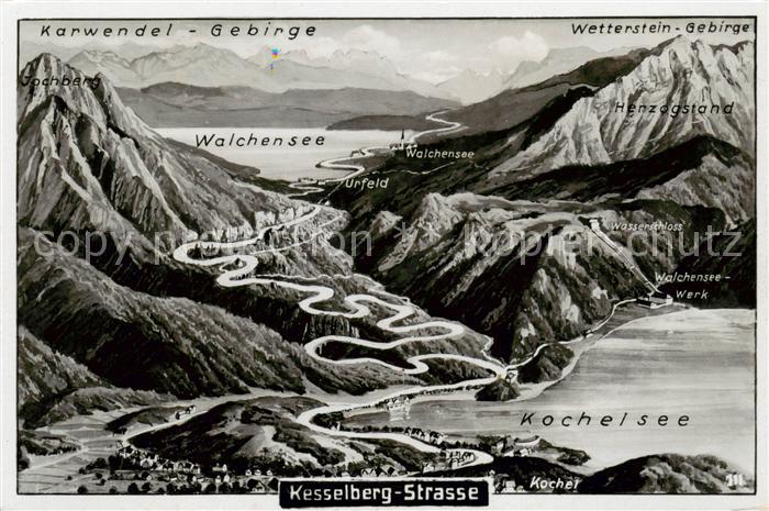 Walchensee Panoramakarte mit Kochelsee und Kesselberg Strasse
