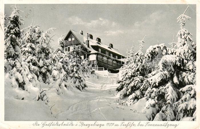 Heufuderbaude Isergebirge CZ Bergbaude im Isergebirge Sonnenaufgang im Winter He