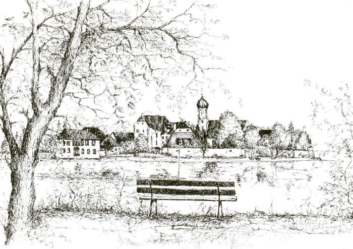 Nonnenhorn Bodensee Ortsansicht Zeichnung