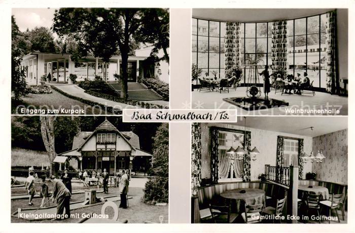Bad Schwalbach Eingang zum Kurpark Weinbrunnenhalle Kleingolfanlage mit Golfhaus