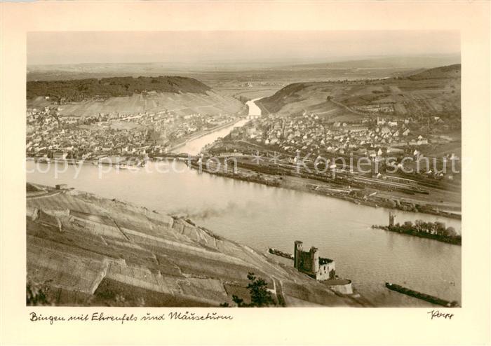 Bingen Rhein Panorama mit Burg Ehrenfels und Maeuseturm