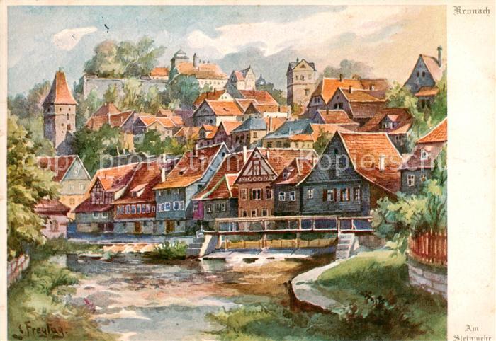 Kronach Oberfranken Stadtaufbau am Steinwehr Feste Rosenberg Aquarell von C. Fre
