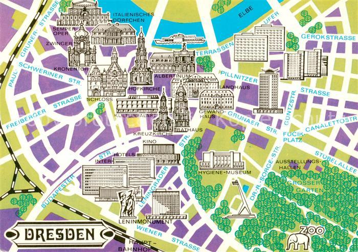 Dresden Elbe Stadtplan mit Sehenswuerdigkeiten der Stadt