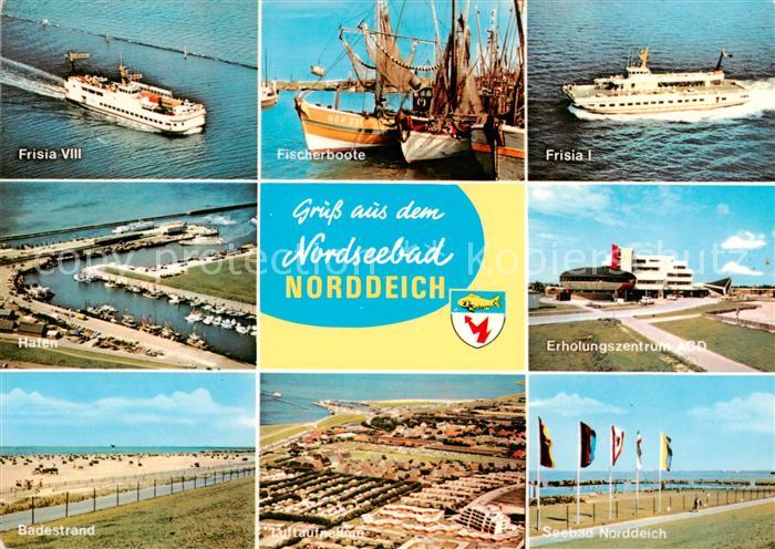 Norddeich  Norden Nordseebad Faehrschiffe Frisia I und VIII Fischerboote Hafen E