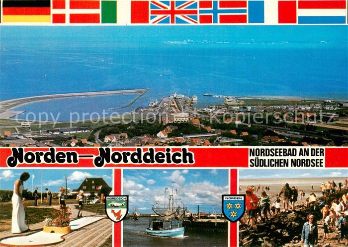 Norden Norddeich Nordseebad Fliegeraufnahme Minigolf Fischkutter Strand