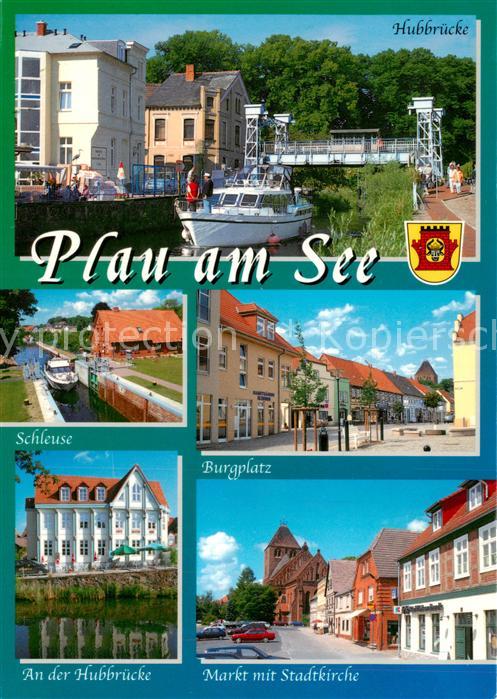 Plau See Hubbruecke Schleuse Burgplatz Hotel an der Hubbruecke Markt mit Stadtki