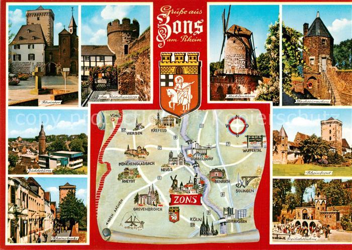Zons Rhein NRW Rheintor Tuerme Freilichtbuehne Rheinstrasse Landkarte Wappen