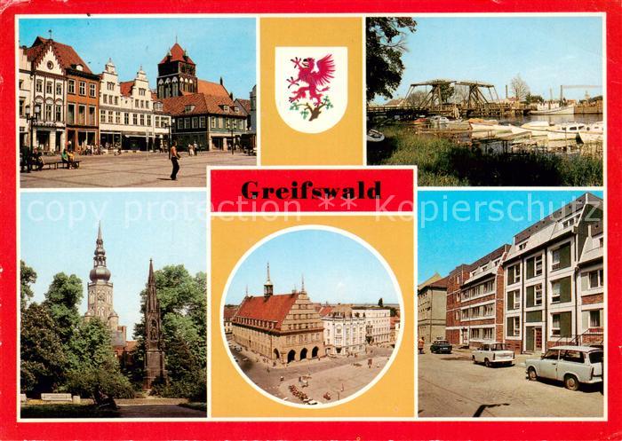 Greifswald Platz der Freundschaft Wiecker Bruecke Dom und Ruebenowdenkmal Rathau