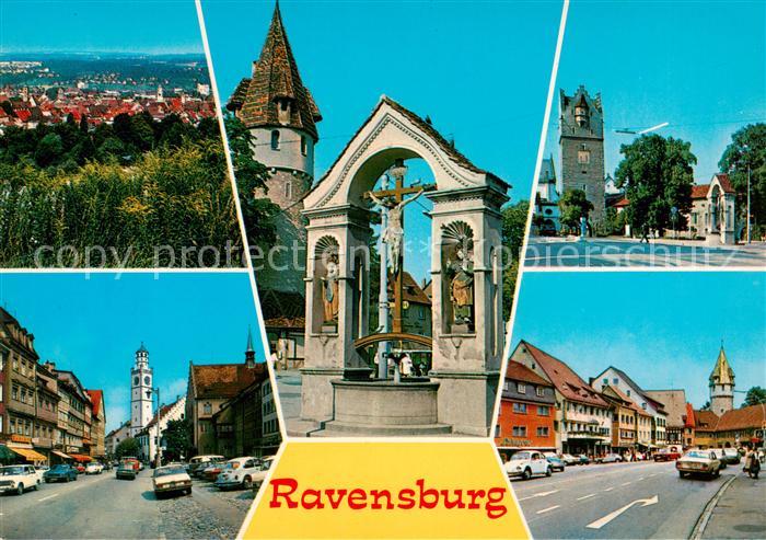 Ravensburg  Wuerttemberg Panorama Gruener Turm Blaserturm Brunnen Strassenpartie