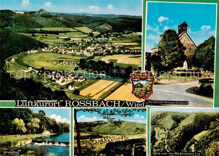 Rossbach Wied Fliegeraufnahme Kirche mit Kriegerdenkmal Strandbad Blick von der