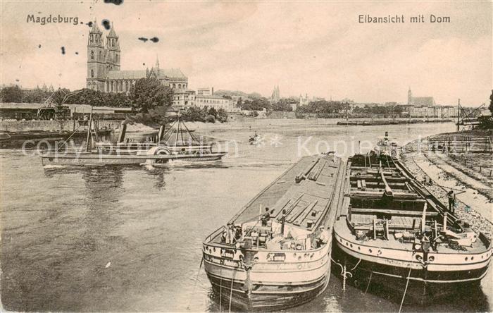 MAGDEBURG CITY Elbansicht mit Dom und Frachtschiffen