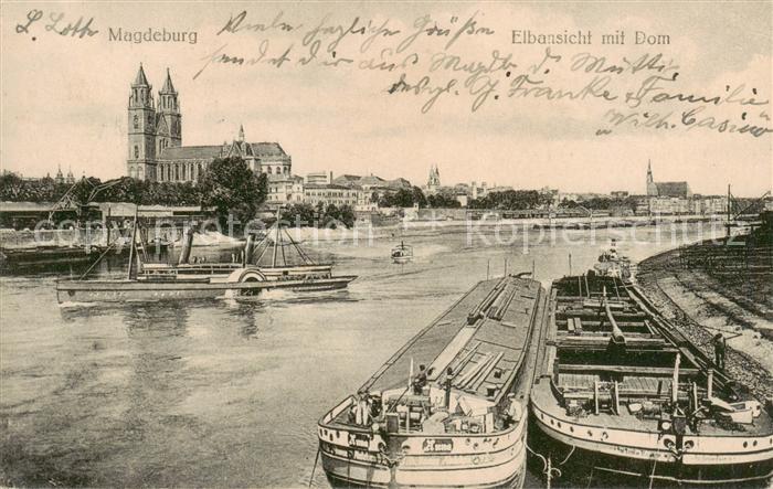 MAGDEBURG CITY Elbansicht mit Dom und Frachtschiffen