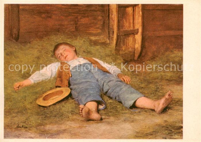 Kuenstlerkarte Schlafender Knabe im Heu Oelgemaelde Albert Anker oeffentliche Ku