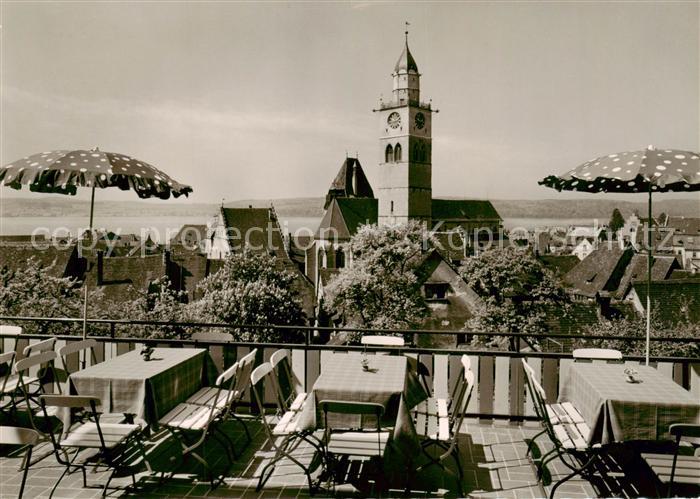 ueberlingen Bodensee Cafe Museum Terrasse Blick ueber die Altstadt mit Kirche