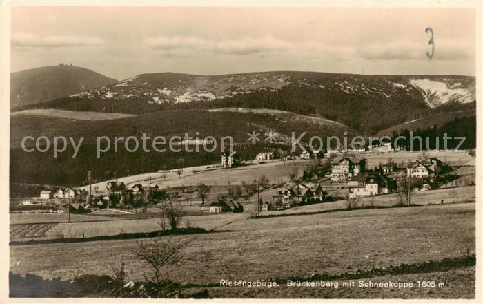 Brueckenberg Krummhuebel Riesengebirge PL Panorama mit Schneekoppe