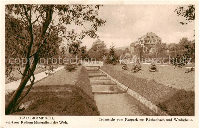 Bad Brambach Kurpark mit Roethenbach und Weidighaus Staerkstes Radium-Mineralbad