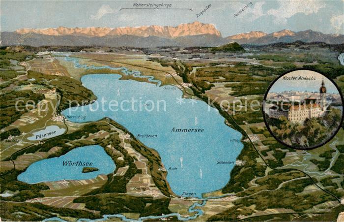 Ammersee Bayern Panoramakarte mit Woerthsee und Kloster Andechs