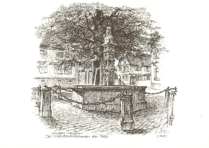 Langen Hessen Der Vierroehrenbrunnen Zeichnung