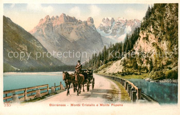 Duerrensee Lago di Landro Suedtirol IT Monte Cristallo e Monte Popena mit Pferde