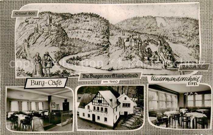 Niedermanderscheid Eifel Burg-Cafe Gastraum Zeichnung Kuenstlerkarte