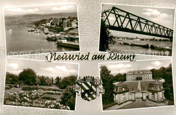 Neuwied Rhein Deichanlagen mit Pegelturm Rheinbruecke Carmen Silva Garten Fuerst