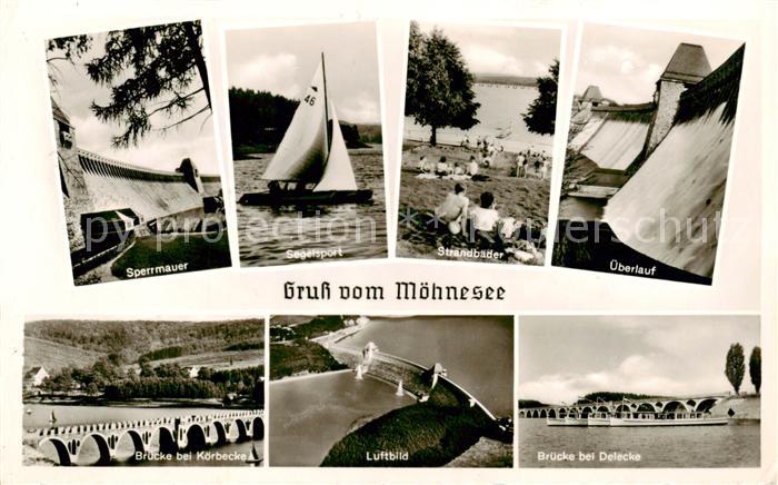 Moehnesee Sperrmauer Segelsport Strandbaeder ueberlauf Bruecke bei Koerbecke Fli