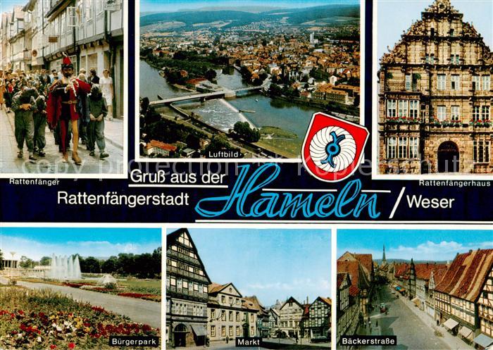 Hameln Weser Rattenfaenger Fliegeraufnahme Rattenfaengerhaus Buergerpark Markt B